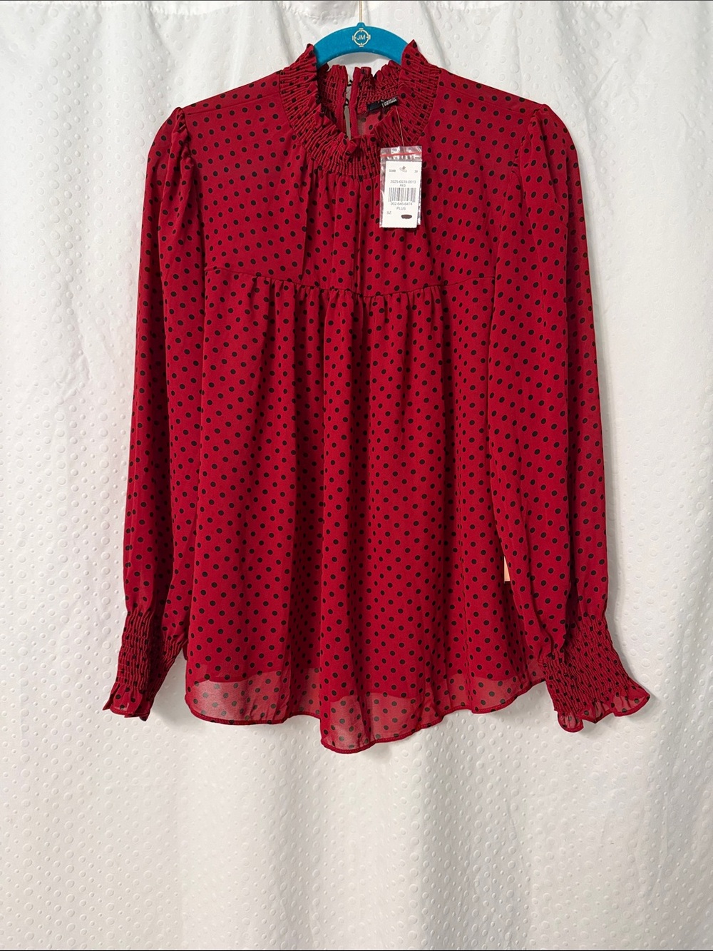 Red Polka Dot Long-Sleeve Smocked Neck Blouse 1XL